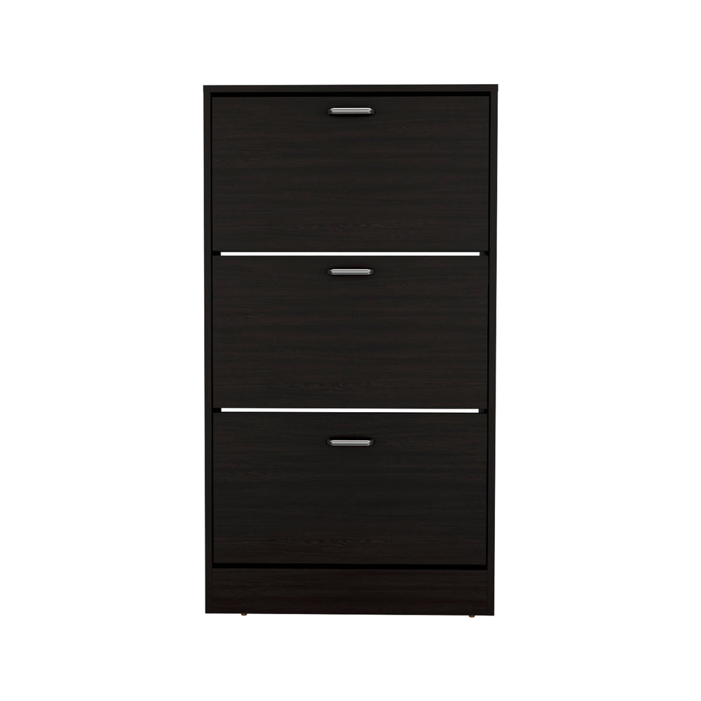 English Elm Inola Triple-Tier Pull-Down Shoe Rack Black Wengue — Slim Entryway Storage, Ventilated, Scratch-Resistant B200P361995