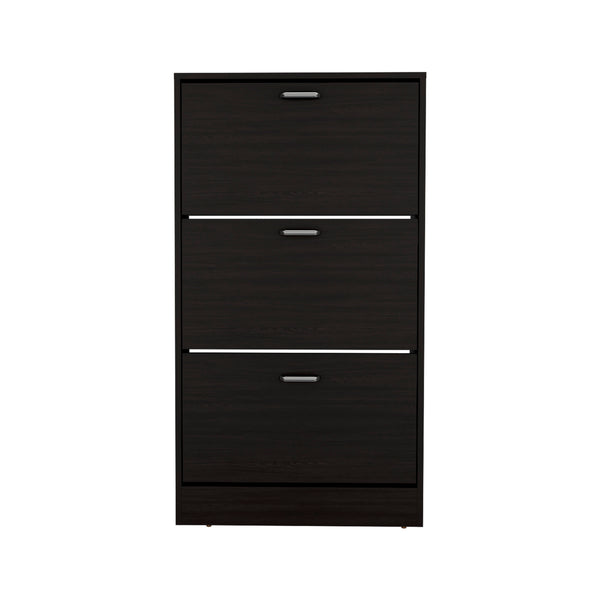 English Elm Inola Triple-Tier Pull-Down Shoe Rack Black Wengue — Slim Entryway Storage, Ventilated, Scratch-Resistant B200P361995