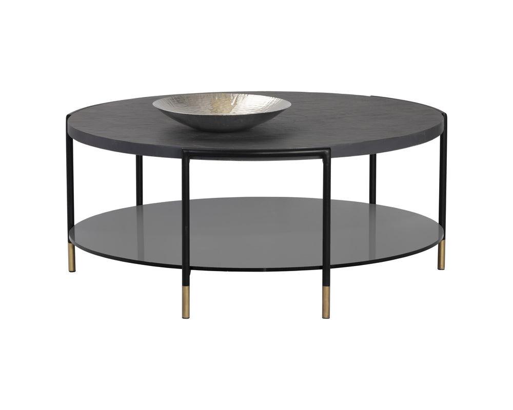 Sunpan Zuma Concrete Coffee Table with Black Glass Shelf & Gold Accents - Unique Artisan Crafted Design