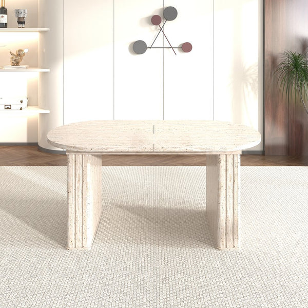 English Elm Kitchen extendable dining table with travertine-inspired melamine top, rounded edges, sturdy wooden base for family gatherings Beige W1347S00017