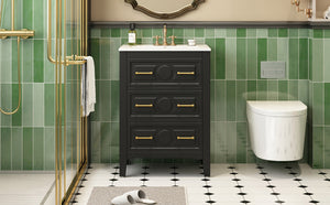 English Elm 24'' Bathroom Vanity with Ceramic Sink and 3 Drawers Retro Solid Wood Frame Freestanding Storage Black N710P371184B