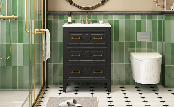 English Elm 24'' Bathroom Vanity with Ceramic Sink and 3 Drawers Retro Solid Wood Frame Freestanding Storage Black N710P371184B