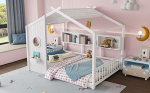 English Elm Full House Floor Bed with Roof Playhouse Design, Montessori Style with Rear Storage Shelf, Sturdy Pine White 78.5 L x 16.35 W x 8 H N733P335068K
