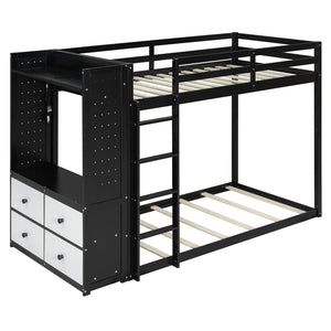 English Elm Twin Bunk Bed with Storage Drawers Hanging Rail Led Shelves and Pegboard Organizer Black LT000282AAB