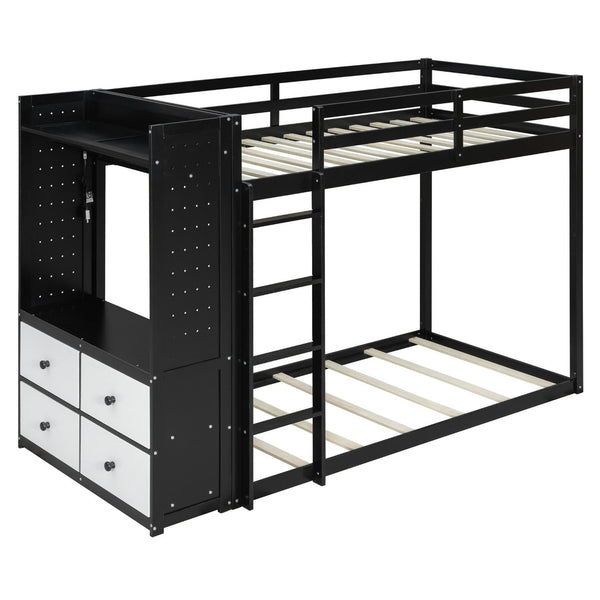 English Elm Twin Bunk Bed with Storage Drawers Hanging Rail Led Shelves and Pegboard Organizer Black LT000282AAB