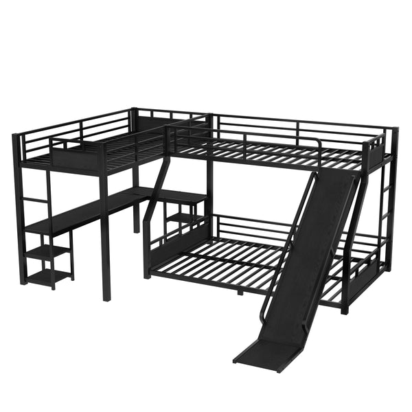 English Elm L-Shaped Metal Bunk Bed With Twin Xl Loft, Queen Bed, Desk, Shelves & Slide - Space-Saving Design! W1580S00279