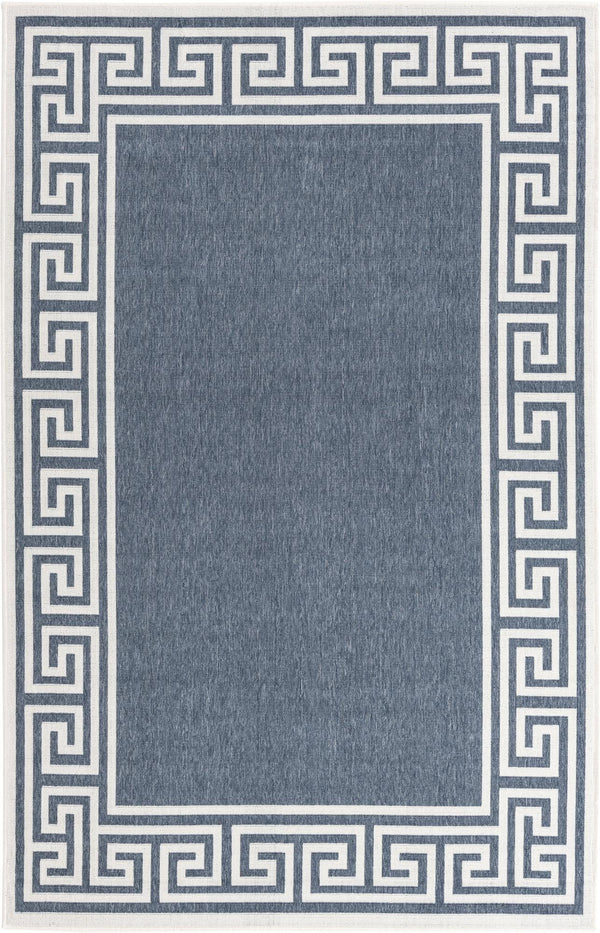 Unique Loom Outdoor Coastal Caye Machine Made Border Rug Navy Blue, Ivory 5' 3" x 8' 0"