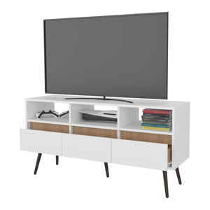 English Elm White White and Natural Oak TV Stand with 3 Drawers, 3 Shelves — Modern Rustic Entertainment Center for Organized Living Room Storage B062P290223
