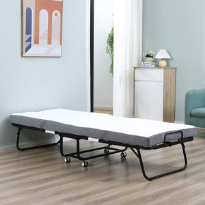 English Elm HOMCOM Foldaway Guest Bed with 4" Foam Mattress, Steel Frame on Locking Wheels, Space-Saving W2225P200758