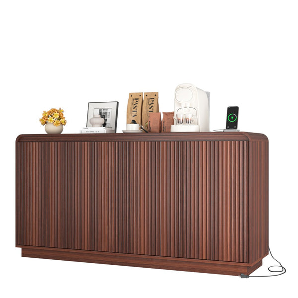English Elm Black Fluted Wave Door Media Console with Built-in Power Outlet and Adjustable Shelving Walnut W409P452058