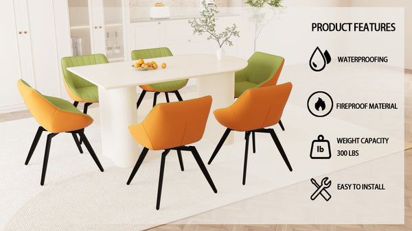 English Elm 63" Medieval Modern Cream Dining Table With 6 Green Pu Chairs & Black Metal Legs For Home Use W2189S00760