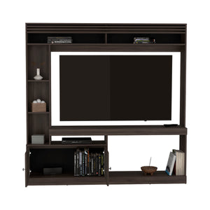 English Elm Dante 71" Wide Freestanding Entertainment Center with 8 Shelves, TV Stand, Bookcase & Cabinet in Dark Walnut B200S00415