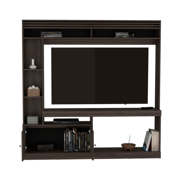 English Elm Dante 71" Wide Freestanding Entertainment Center with 8 Shelves, TV Stand, Bookcase & Cabinet in Dark Walnut B200S00415