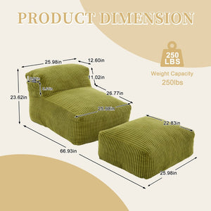 English Elm Big Corduroy Lounger Bean Bag with Ottoman Memory Foam Fill for Living Room Olive W395P435351