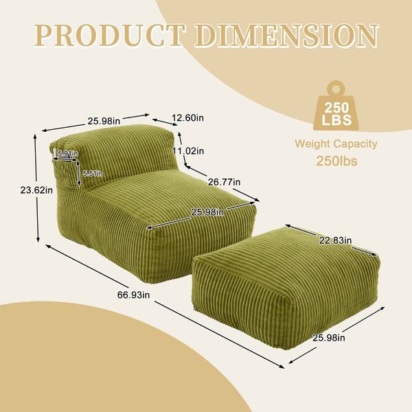 English Elm Big Corduroy Lounger Bean Bag with Ottoman Memory Foam Fill for Living Room Olive W395P435351