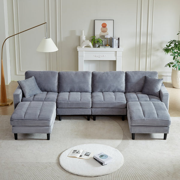 English Elm 122.5-Inch Oversized U-Shaped Modular Sofa Corduroy Sectional with Double Chaise, Ottoman, Pillows and Plastic Legs Grey W1193S00123