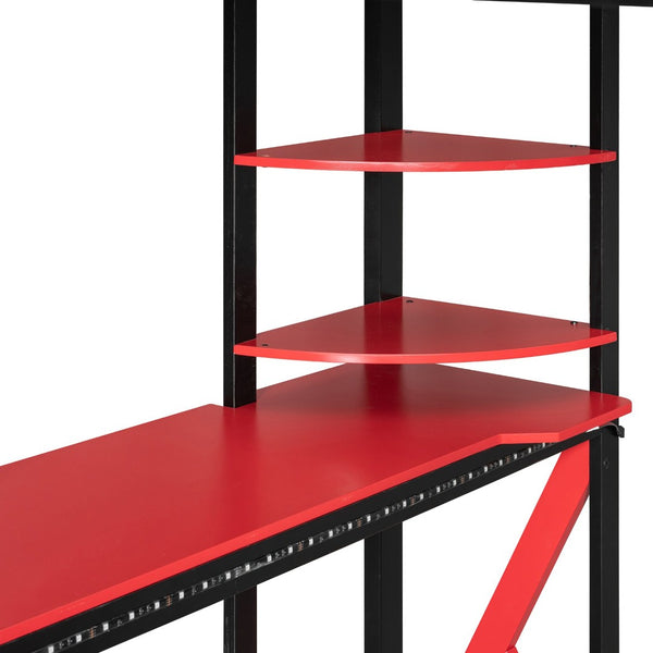 English Elm Full Size Loft Bed with Rgb Lighting Chevron Desk Usb Charging Ports and Storage Shelves Black+Red LT000286AAR
