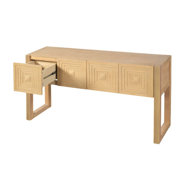 English Elm [video] Art Deco Console Table Geometric Carved Fronts Fluted Legs 3 Soft-close Drawers Light Brown N759P433572T