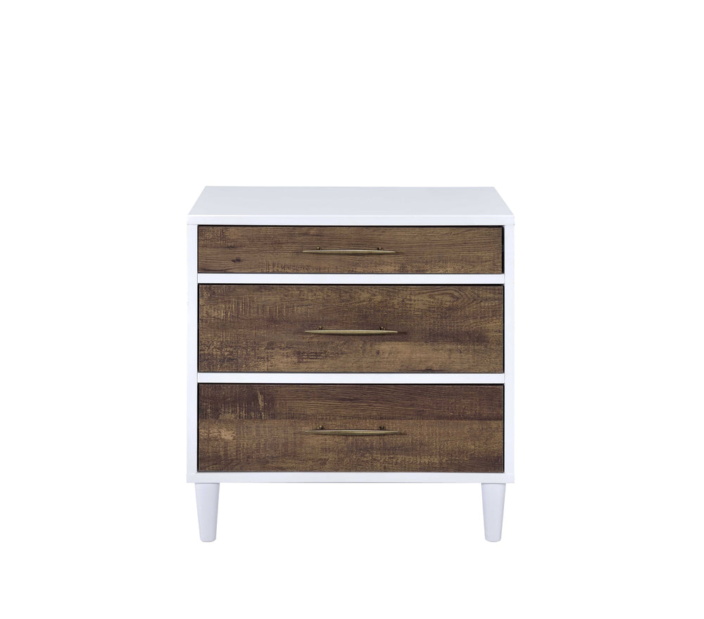 English Elm Lurel 3-Drawer Accent Table in White & Weathered Oak Finish – Storage Nightstand with Tapered Legs B2726P288770
