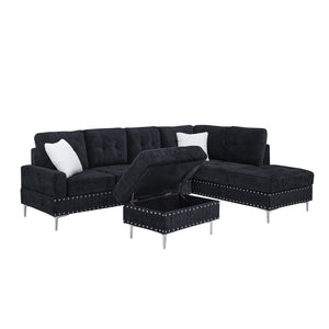 English Elm Sectional L-Shaped Chenille Sofa with Chaise Storage Ottoman, Metal Eucalyptus Frame, 4-Seater Spacious Navy Blue W1413S00118
