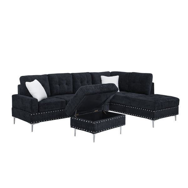 English Elm Sectional L-Shaped Chenille Sofa with Chaise Storage Ottoman, Metal Eucalyptus Frame, 4-Seater Spacious Navy Blue W1413S00118