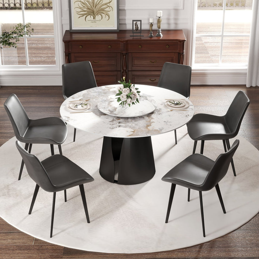 English Elm 53"Modern Round Dining Table With Turntable – Durable Sintered Stone Top & Black Steel Base For 6 Guests W1535S00444