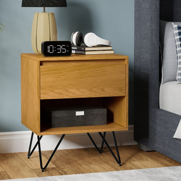 English Elm Hunter Handcrafted Nightstand with Solid Wood Veneer, Single Drawer & Open Shelf, Modern Industrial Design Oak B136P364303