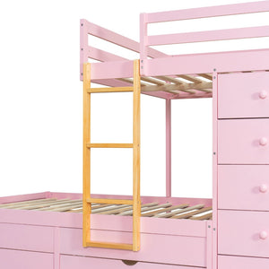 English Elm Full Size Bunk Bed with Integrated Drawers Wardrobe Mdf Solid Wood Kids Storage Pink LT000463AAH