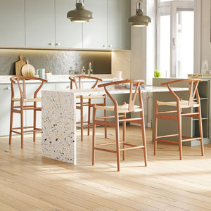 English Elm Wishbone Rattan Barstool with Woven Papercord Seat, Solid Ash Wood, Eco-Friendly Finish, Fully Assembled Walnut T3623P379825