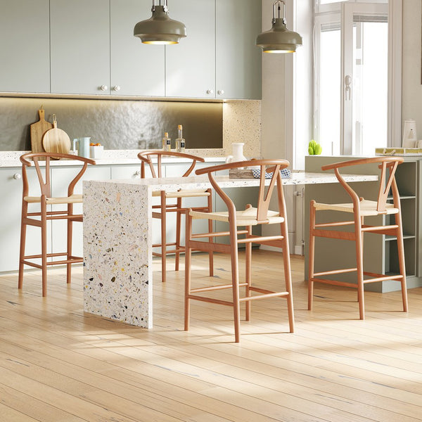 English Elm Wishbone Rattan Barstool with Woven Papercord Seat, Solid Ash Wood, Eco-Friendly Finish, Fully Assembled Walnut T3623P379825