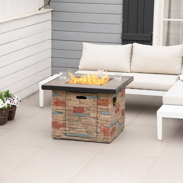 English Elm Outsunny 32 Inch Outdoor Propane Gas Fire Pit Table with 50,000 BTU, Faux Stone Square Design, Lava Rocks, Rain Cover Brown W2225P217255