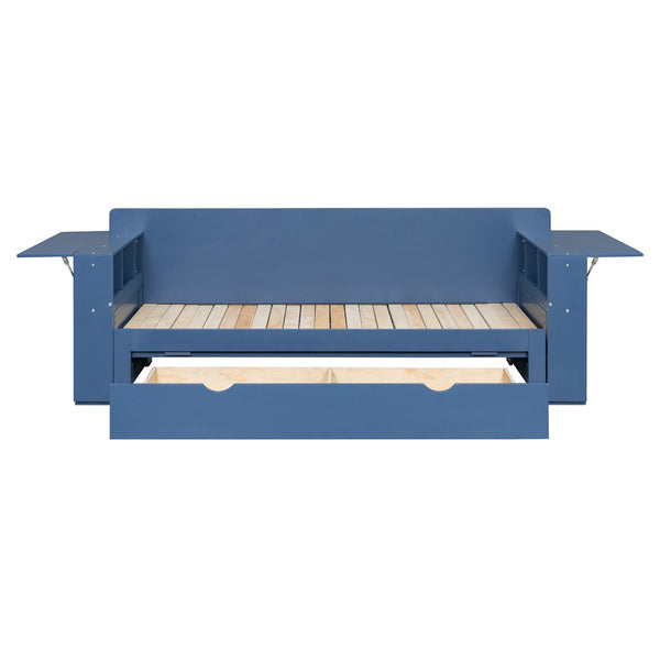 English Elm Queen Daybed with Hydraulic Desk Storage Drawers and Convertible Sofa for Small Spaces Blue LT000272AAC
