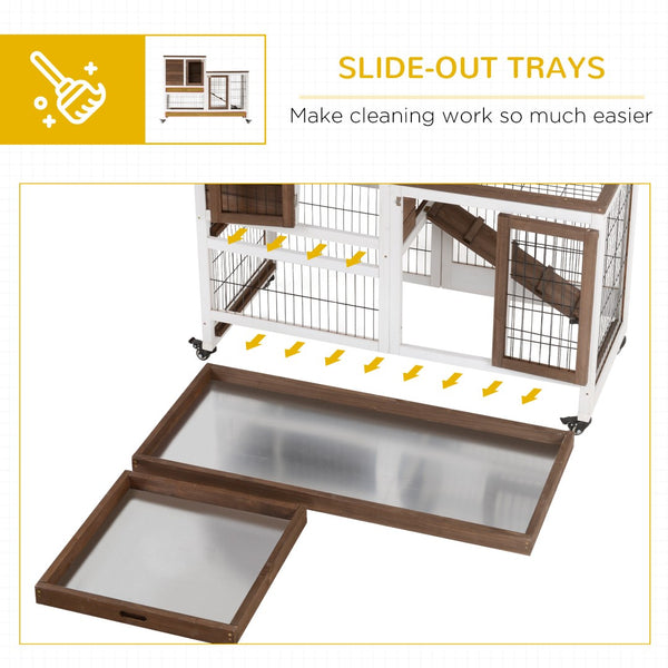 English Elm Wooden Two-story Fir Rabbit Hutch with Enclosed Run Wheels and Pull-out Trays T3971P407331