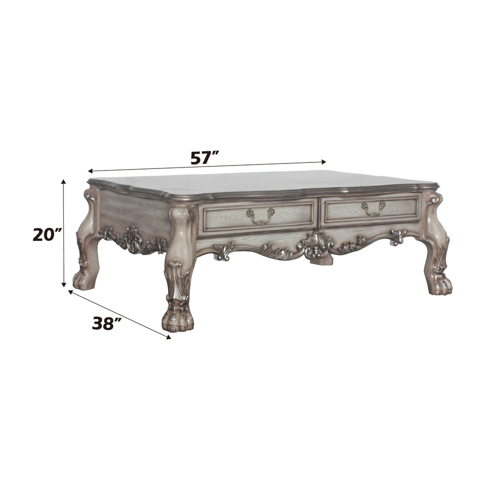 English Elm Dresden Vintage Bone White Resin Coffee Table with Two Felt-Lined Drawers and Scalloped Floral Trim Ivory 58 L x 39 W x 14 H B2726P281468