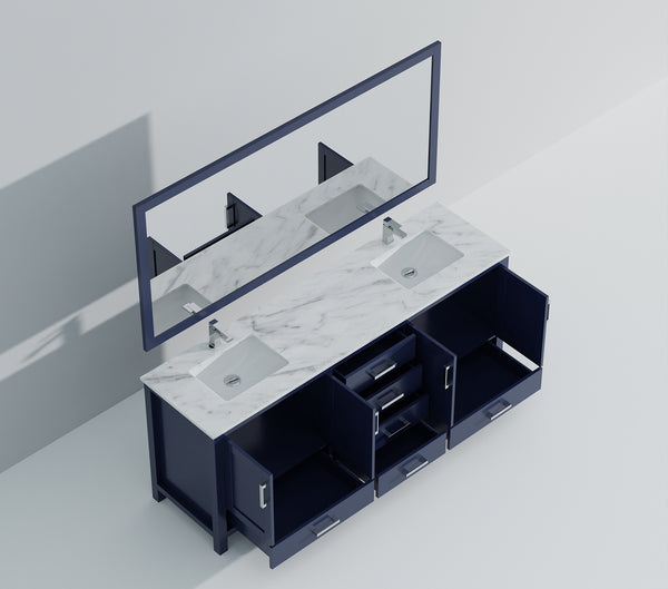 English Elm Navy Double Bath Vanity 84" W x 22" D with Carrara Marble Top, Chrome Faucet, 34" Mirrors, Durable Countertop B2731S01067