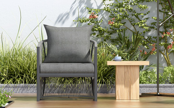 English Elm Christopher Knight Home® - Modern Gray Curved Aluminum Lounge Chair with Rope-Weave Frame, Weatherproof Cushions & Ergonomic Comfort for Patio and Indoor Spaces N767P237033G