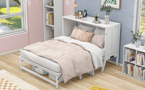 English Elm Queen Murphy Bed with Shelf & Built-In USB Charging Station, Space-Saving White Wall Cabinet Design SM000338AAK