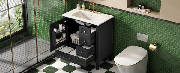 English Elm 30 30 Inch Bathroom Vanity with Ceramic Sink, Modern Compact 3-Drawer Storage Cabinet for Small Baths Black N710P247499B