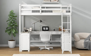 English Elm Full Loft Bed with U-Shaped Workstation, Built-In Drawers, Shelves & Cabinet for Space Saving White GX001039AAK