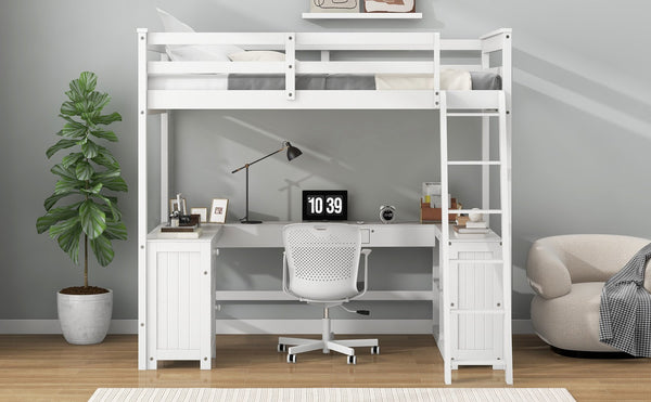 English Elm Full Loft Bed with U-Shaped Workstation, Built-In Drawers, Shelves & Cabinet for Space Saving White GX001039AAK
