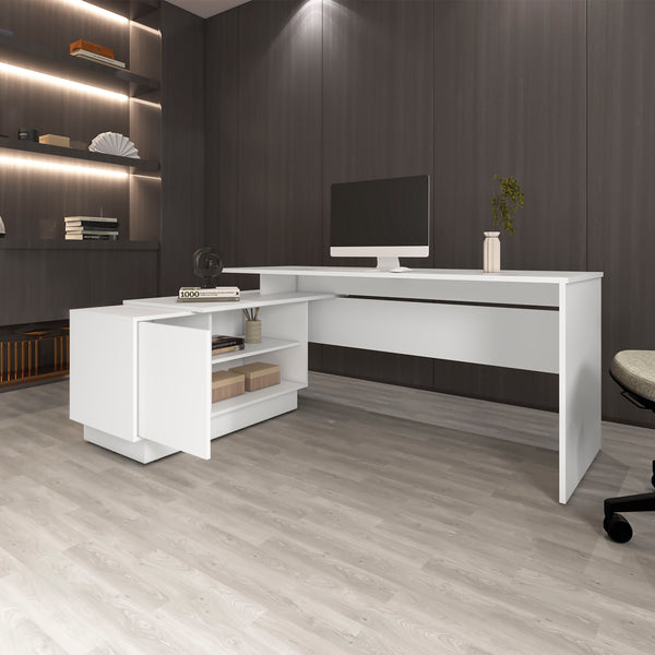 English Elm Weir L-Shaped Desk in Melamine White with Storage Cabinet & Shelves for Modern Compact Offices B128S00014