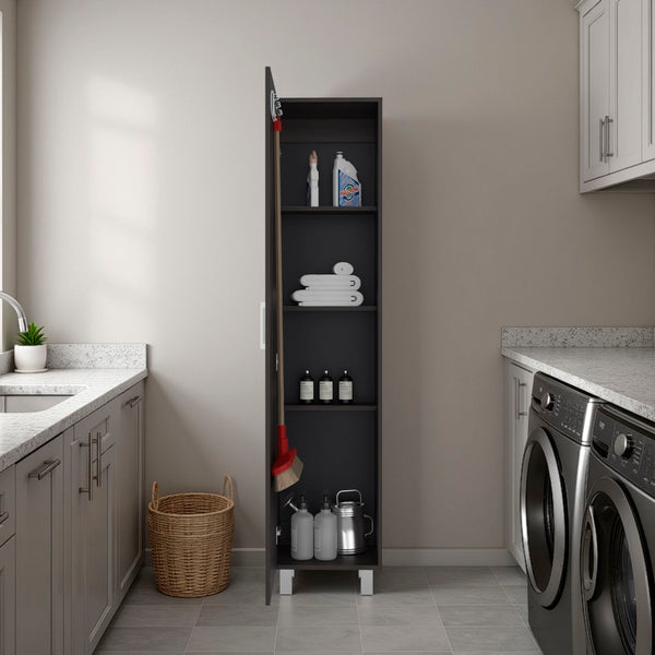 English Elm Vintro Tall Single Door Storage Cabinet with Metal Legs and Four Interior Shelves Dark Oak B070P487579