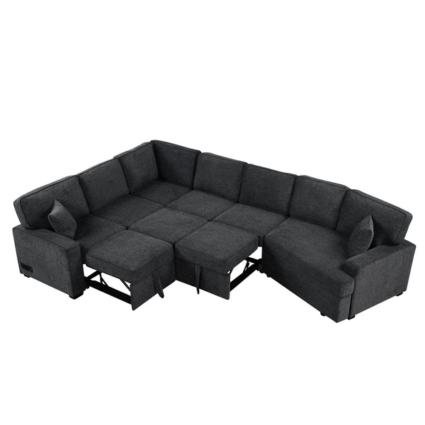 English Elm 126" L-shaped Sectional Sofa with Pull-Out Bed, Built-In USB Charging & Cup Holders, Chenille Upholstery Black+Blue N719S001530C
