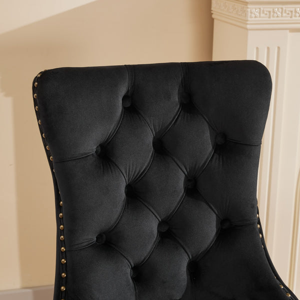 English Elm Mid-Century Tufted Velvet Dining Chair with Lion Head Ring, Nailhead Trim, Solid Wood Legs Black W1143P193168