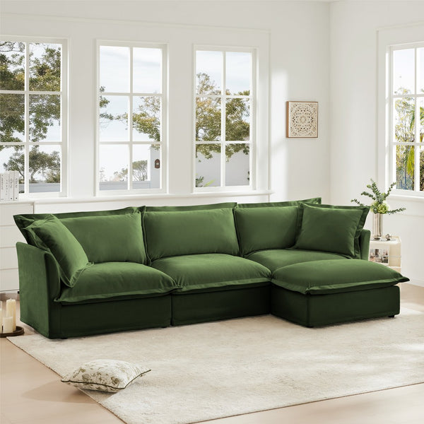 English Elm L-Shaped Slipcovered Sectional Sofa - Luxurious Chenille Couch With Convertible Ottoman & Pillows W3041S00052