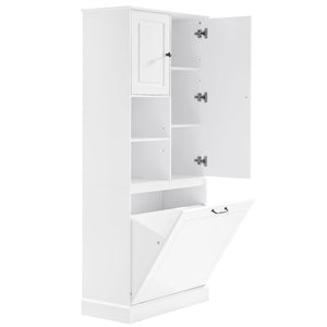 English Elm Tall Storage Cabinet with Flip-Out Basket, Adjustable Shelves & Aluminum Handles for Organized Living White N725P322739K