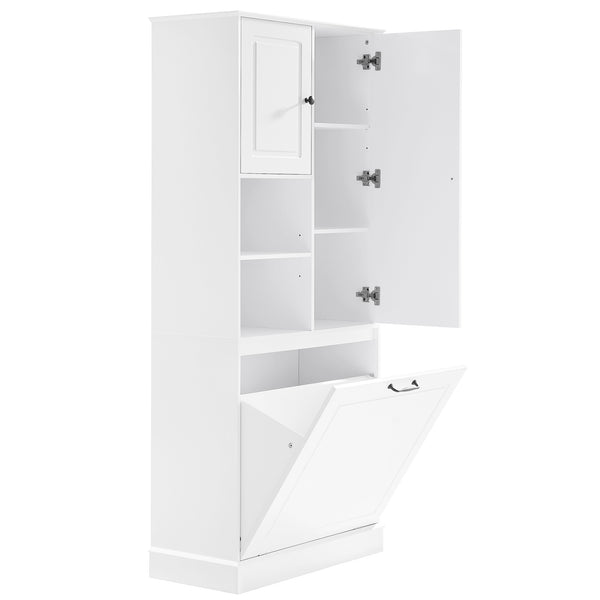 English Elm Tall Storage Cabinet with Flip-Out Basket, Adjustable Shelves & Aluminum Handles for Organized Living White N725P322739K