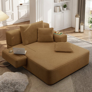 English Elm Luxurious Corduroy Convertible Chaise Lounge Sofa Bed with Storage and Coil Spring Foam Camel W3219P483086