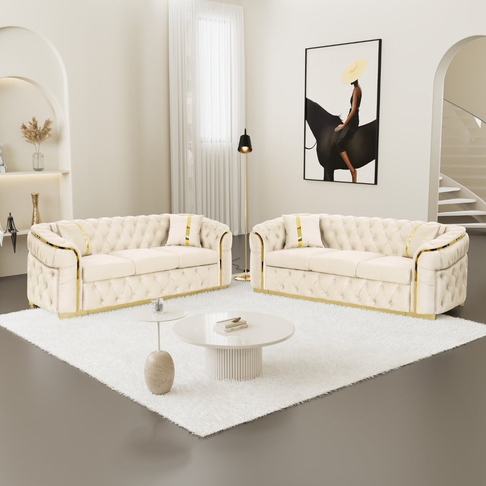 English Elm 2pcs Italian Velvet Chesterfield Sofa Set Tufted Three Seater with Gold Steel Legs Beige W1191S00068