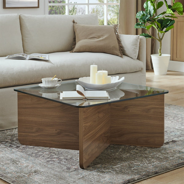 English Elm 31.5 Modern Square Glass Coffee Table with Tempered Top, Mid-Century Style Wooden Base, Durable 330lb Load Capacity Walnut W2972P277853